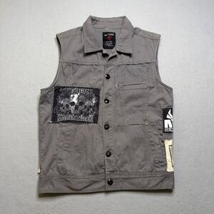 WT02 Vest Mens L Gray Upcycled Distressed Punk Rock Battle Vest Patches Custom
